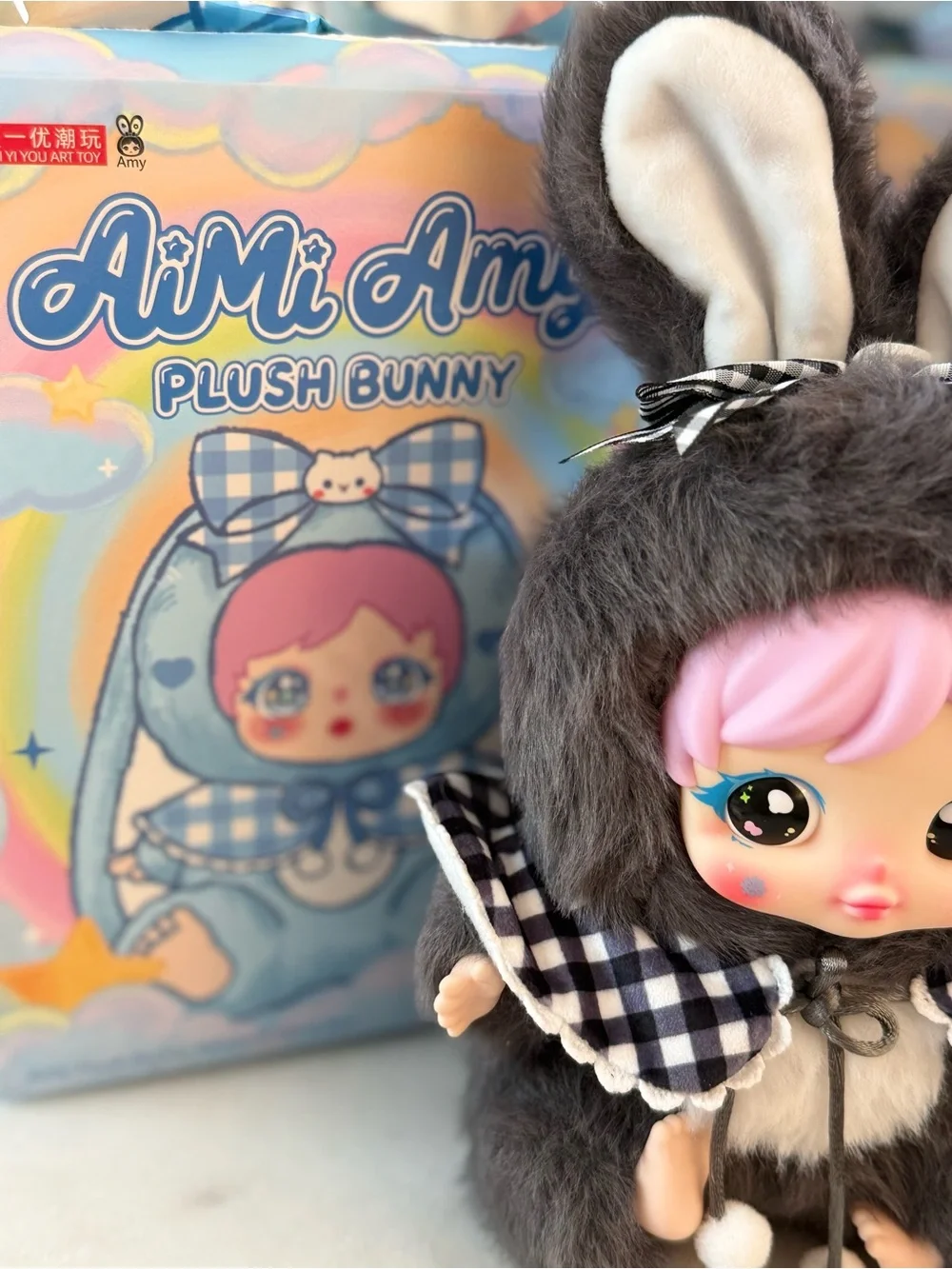 Aimi Amy Night Plush Bunny Doll in Dark Gray with Pink Hair